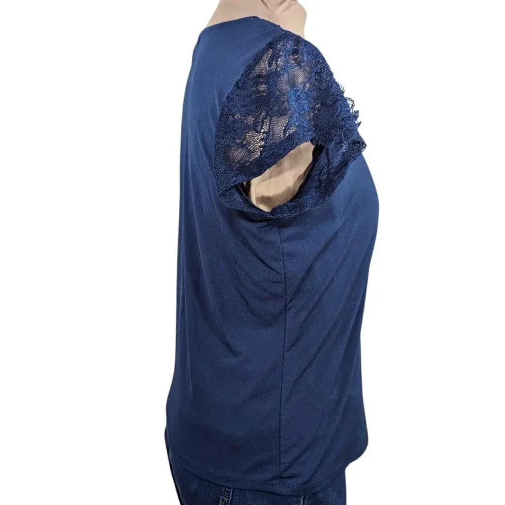 Adrienne Vittadini Large Navy Blue Short Sleeve Stretch Lace Shoulder Shirt